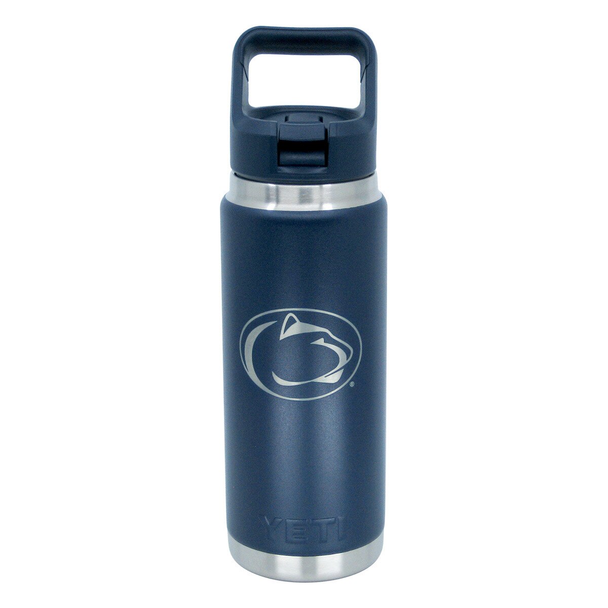 navy Yeti Rambler 26oz bottle with Penn State Athletic Logo and straw cap